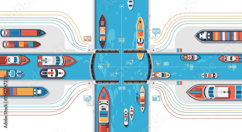 Aerial View of Busy Waterway with Diverse Vessels.