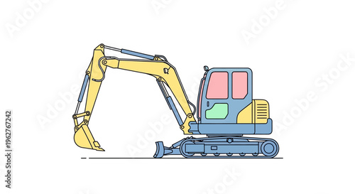Excavator machine with yellow arm.