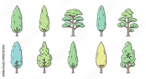 Collection of various tree illustrations.
