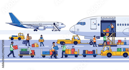 Airport cargo loading scene with airplane and workers.