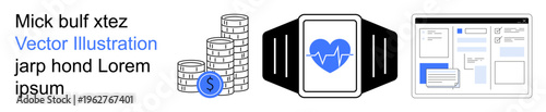 Financial planning, health tracking, digital technology, online banking, app interfaces, modern solutions. Smartwatch with a heart symbol, coin stacks and UI layout. Financial planning and health