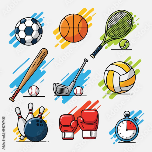Colorful illustrated collection of diverse sporting equipment