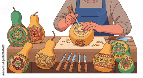 Artisan Carving Intricate Designs on Gourds.