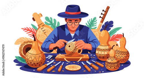 Artisan crafting intricate gourd art with focused concentration.