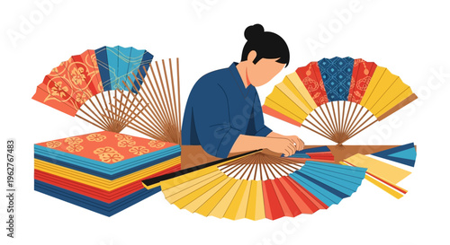 Artisan crafting traditional Japanese fans with colorful designs.