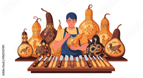 Artisan meticulously carving intricate designs onto gourds.