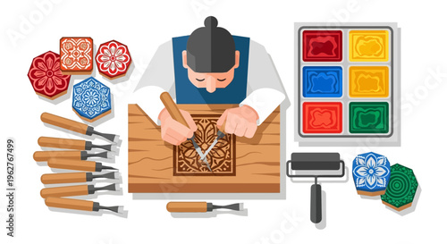 Artisan meticulously carving intricate woodblock print design.