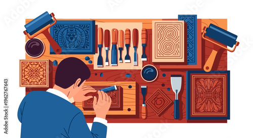 Artist meticulously carving intricate designs on wood blocks.