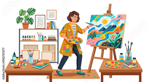 Artist painting a vibrant landscape on canvas easel.