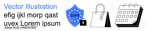Data privacy, e-commerce, compliance, legal obligations, scheduling, cybersecurity. Shield icon with GDPR text and padlock, shopping bag and calendar. Data privacy and e-commerce concept