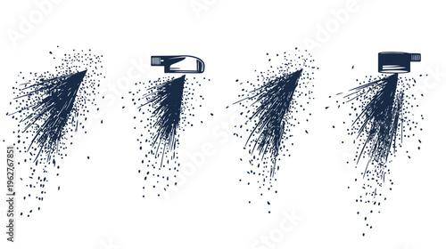 Four abstract depictions of spray nozzles and their resulting patterns, created with simple line art