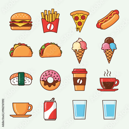 Colorful illustrated food items burger, fries, pizza, hotdog, tacos, sushi, etc
