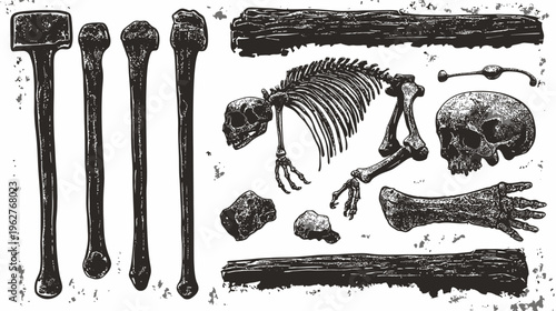 Monochrome illustration of tools and skeletal remains. Grunge effect and textures. Isolated bones and tools