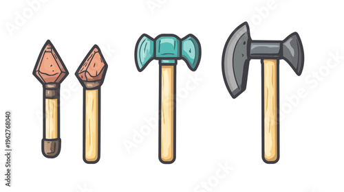 A collection of four primitive tools two arrowheads and two axes, illustrated on a white background