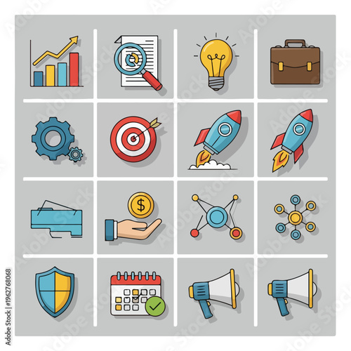 Colorful, illustrated icons on a light grey background representing various concepts