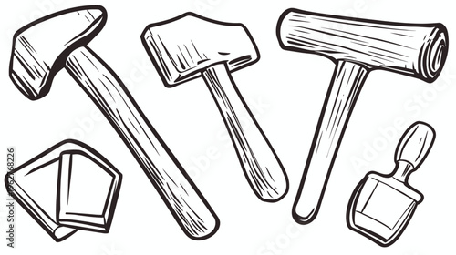 A hand-drawn collection of hammers, mallet and other tools, isolated on a white backdrop