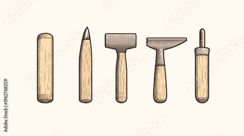Illustration of various handcrafted tools on a simple background. Tools have wooden handles and metal heads