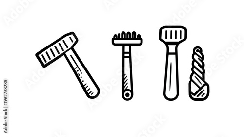 Black and white line art featuring four grooming tools