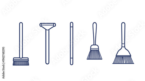 Linear illustration of cleaning tools against white background; minimalist design