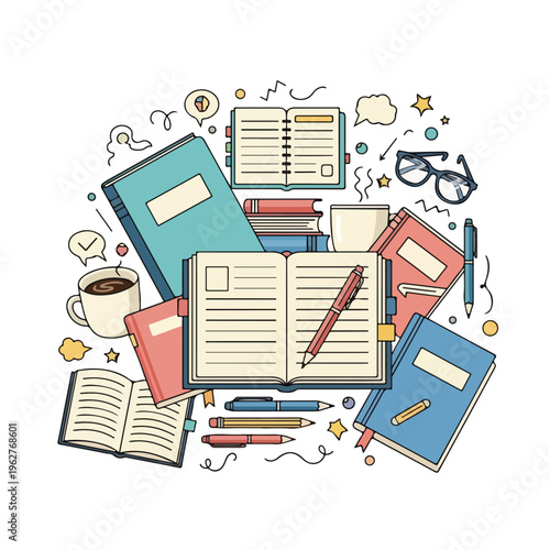 Colorful illustrated image of books, coffee, pens, and glasses