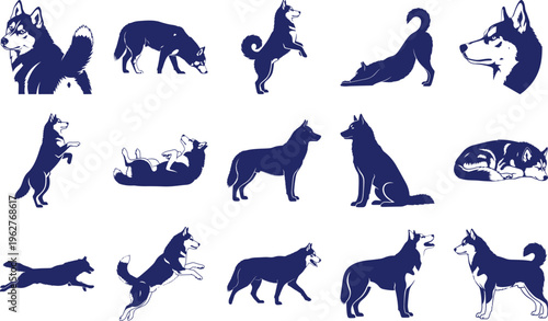 Blue Siberian Husky Dog Silhouettes white background