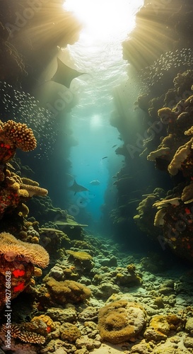 Sunlight Streams Through Underwater Cave Revealing Rocky Seabed and Turquoise Water.