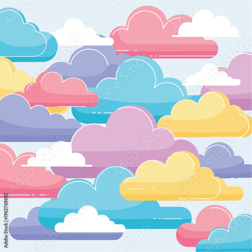 Colorful illustrated image of clouds with different shapes and tones
