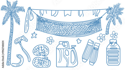 Blue line drawing of beach scene with palms, netting, and other summer elements