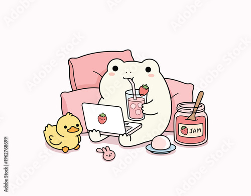 A cute cartoon frog relaxing with a laptop, drinking a strawberry beverage, surrounded by a duck toy, jam, and pink pillows.