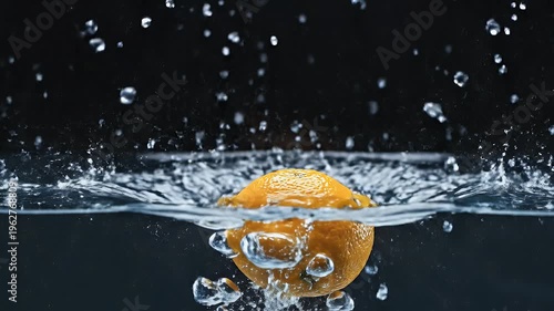 Orange splashing into water, creating bubbles and splashes against a dark background