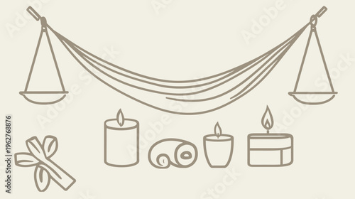 A balanced composition features scales, candles, and a stylized bundle on a neutral background