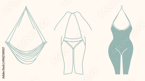 A beige composition featuring a hammock, bodysuit and outfit; each illustration is in a muted, teal hue