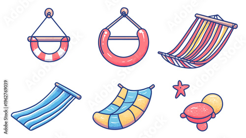 Collection of various beach and leisure items, including a hammock, floats, and a starfish, on white