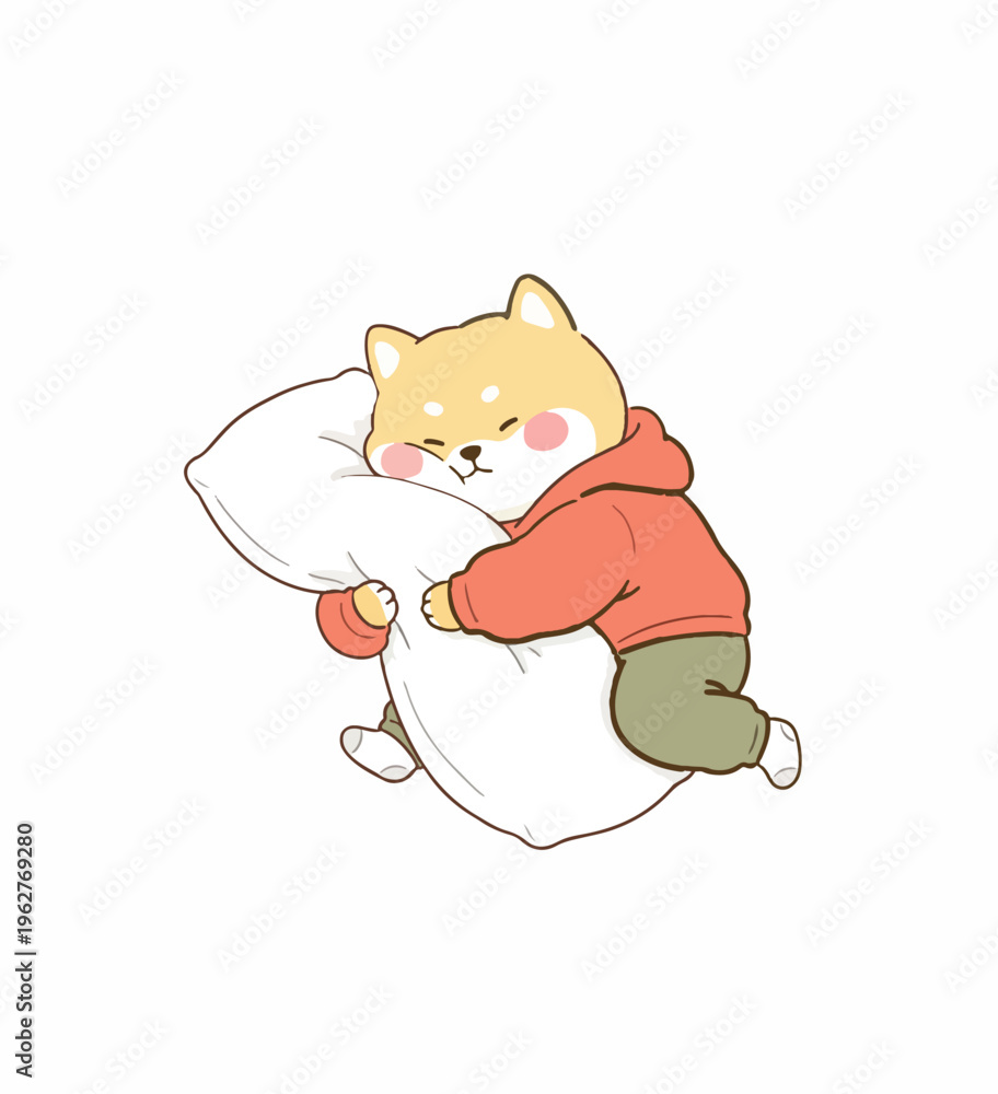 Fototapeta premium Adorable cartoon Shiba Inu dog in a red hoodie and green pants, peacefully sleeping and hugging a soft white pillow on a plain background.
