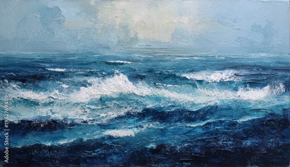 Naklejka premium Abstract blue ocean painting with textured deep water surface in a dynamic artistic style