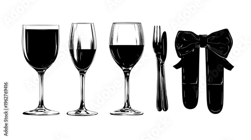 A monochrome illustration showcasing stemmed glassware, cutlery, and an elegant bow