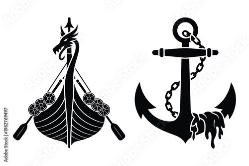Viking ship silhouette with dragon head, nautical anchor silhouette