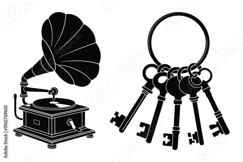 Antique gramophone and bunch of keys silhouette