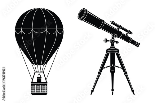 Hot air balloon and telescope silhouette