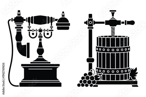 Antique candlestick telephone and grape press