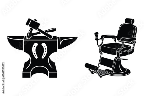 Blacksmith anvil and barber chair silhouette