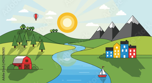 Colorful illustrated landscape featuring mountains, a river, houses, and nature