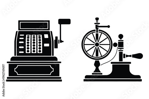 Antique cash register and phonograph vector silhouettes