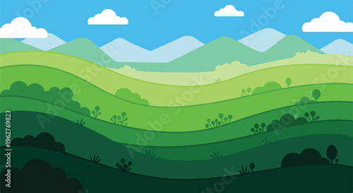 Colorful illustrated landscape featuring rolling hills and mountains