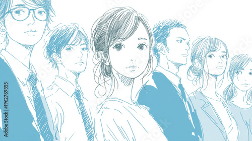 Diverse Group Of Young Adults Standing Together In Blue Monochrome For Business Concepts