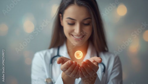 Physician shielding embryo in indistinct backdrop