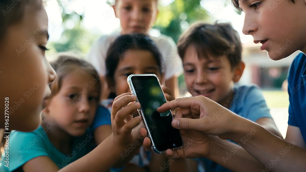 Fototapeta premium Curious children gather, focused on a smartphone, sharing in the fascination of digital technology in a park setting, fostering unity and exploration. 