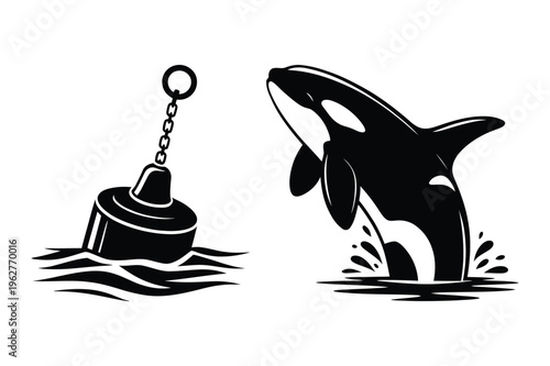 Orca whale jumping, buoy in water icons