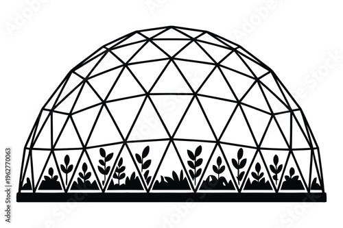 Geodesic dome greenhouse with growing plants silhouette vector