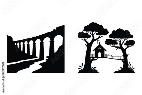 Ancient roman aqueduct and whimsical treehouse silhouette vector